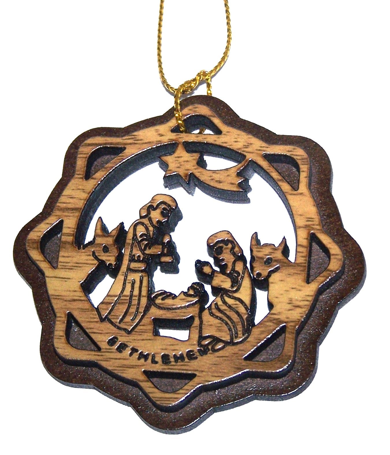 Two Layers Mahogany with Olive wood Holy Family Nativity scene Ornament gift carved by Laser - Olive wood (6 cm or 2.4 inch with certificate) and gold string、mySite、elrpsem3k