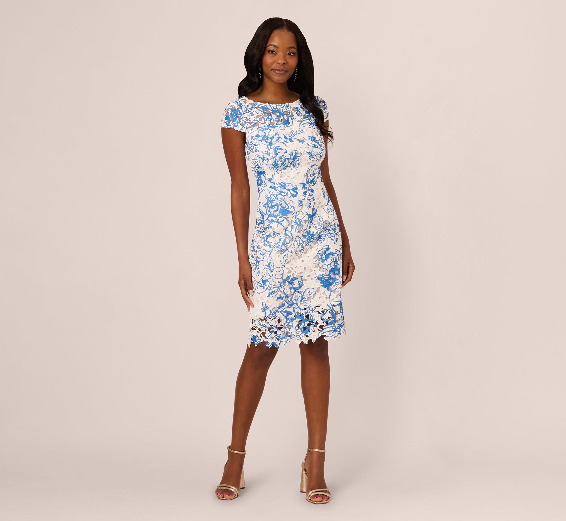Cap Sleeve Printed Lace Sheath Dress In Ivory Blue、mySite、solidvoid