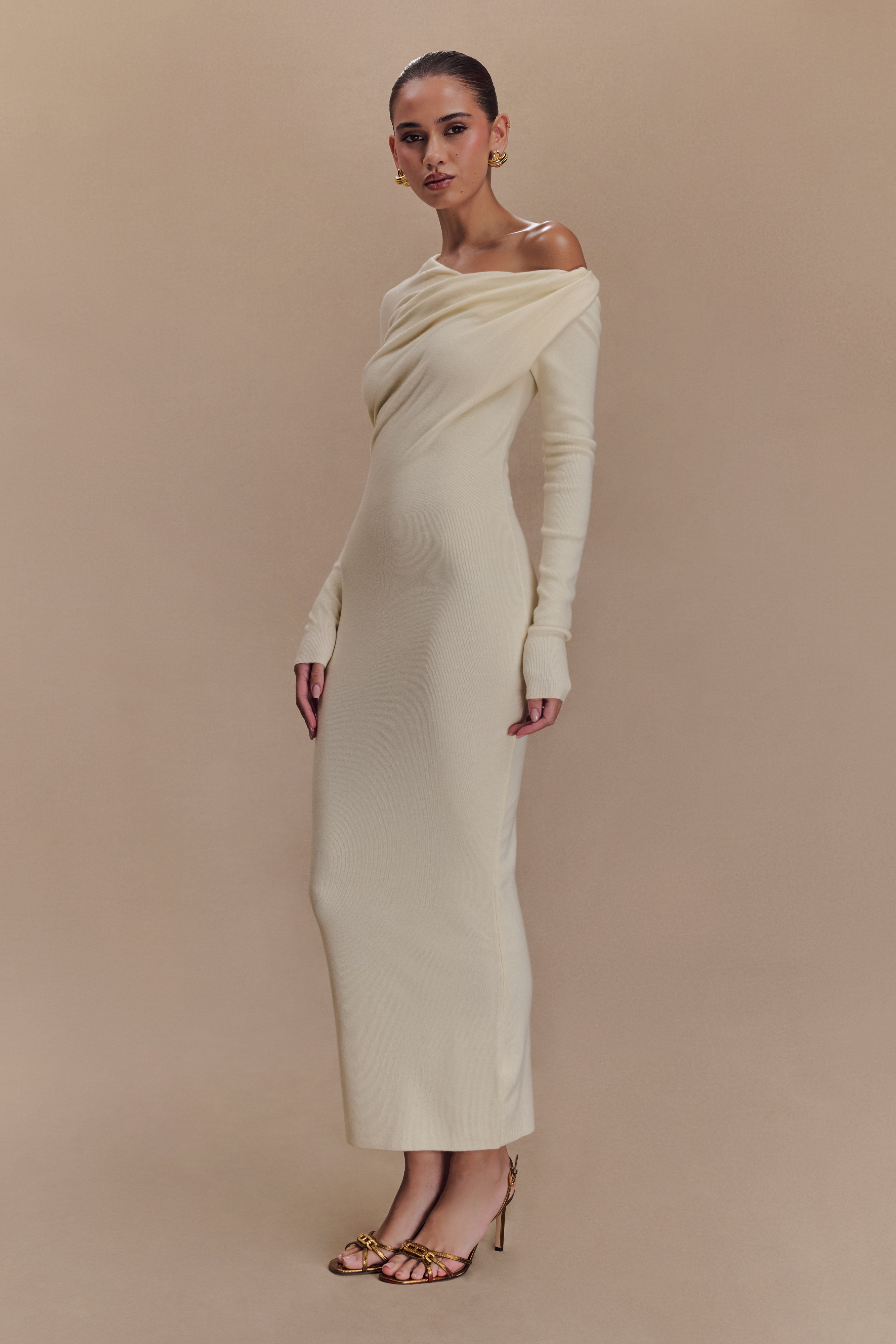 Culver Draped Twist Knit Midi Dress - Cream、mySite、solidvoid