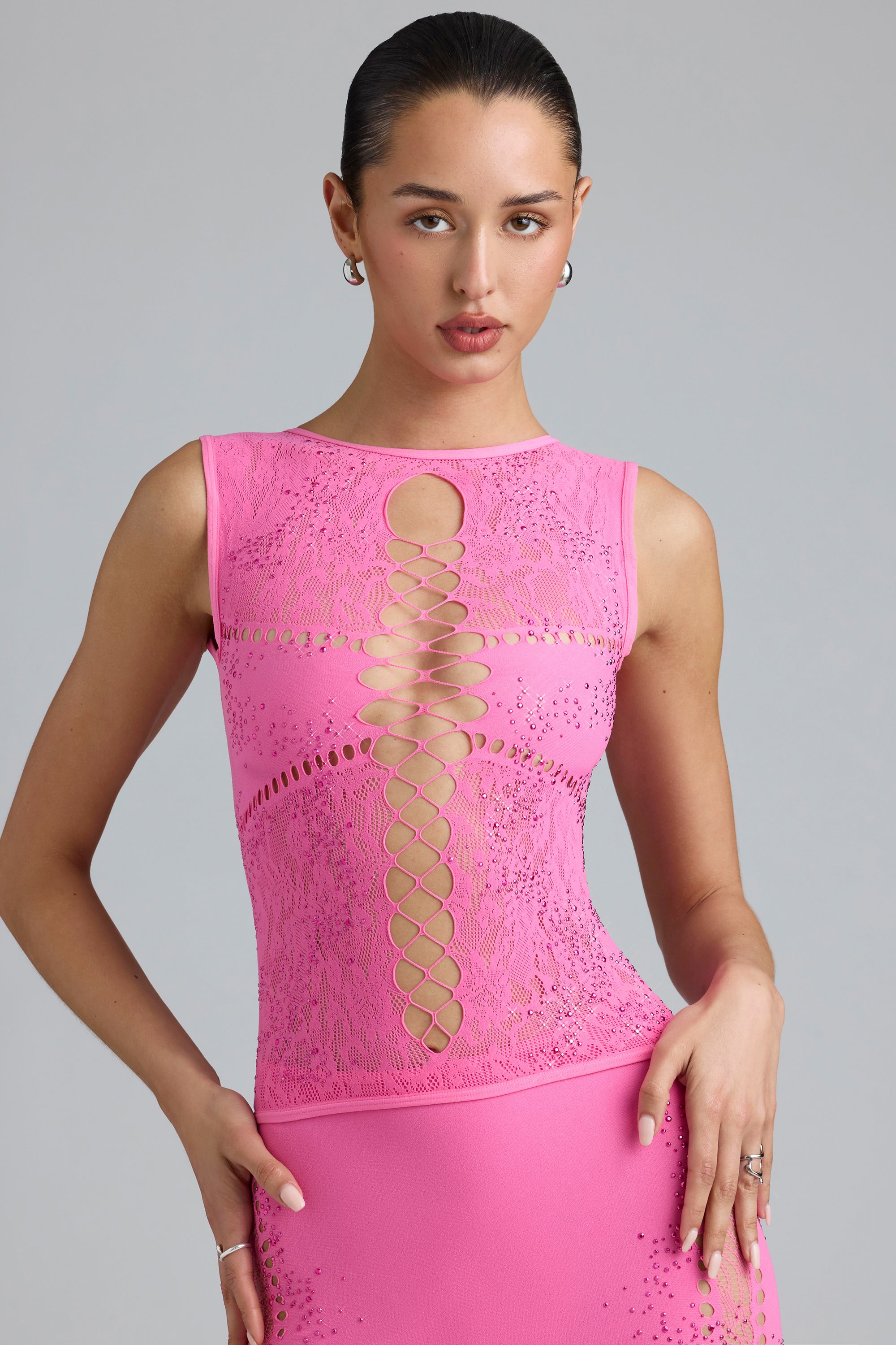 Embellished Lace-Up High-Neck Top in Bubblegum Pink、mySite、solidvoid