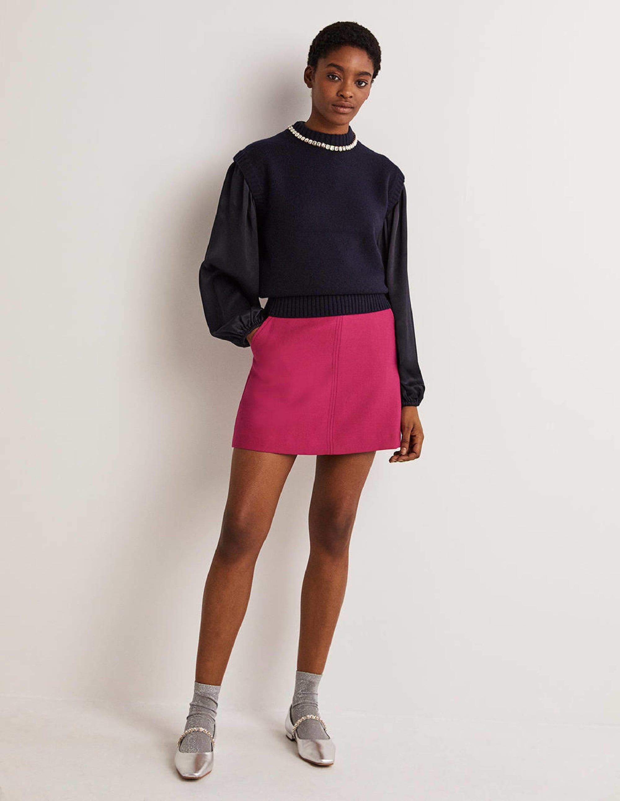  Blouson Sleeve Satin Shirt-Navy、mySite、ashleygrahame