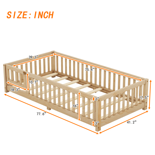 Twin Size Bed Floor Bed with Safety Guardrails and Door for Kids, Natural(Old SKU: W158090686)、、casual
