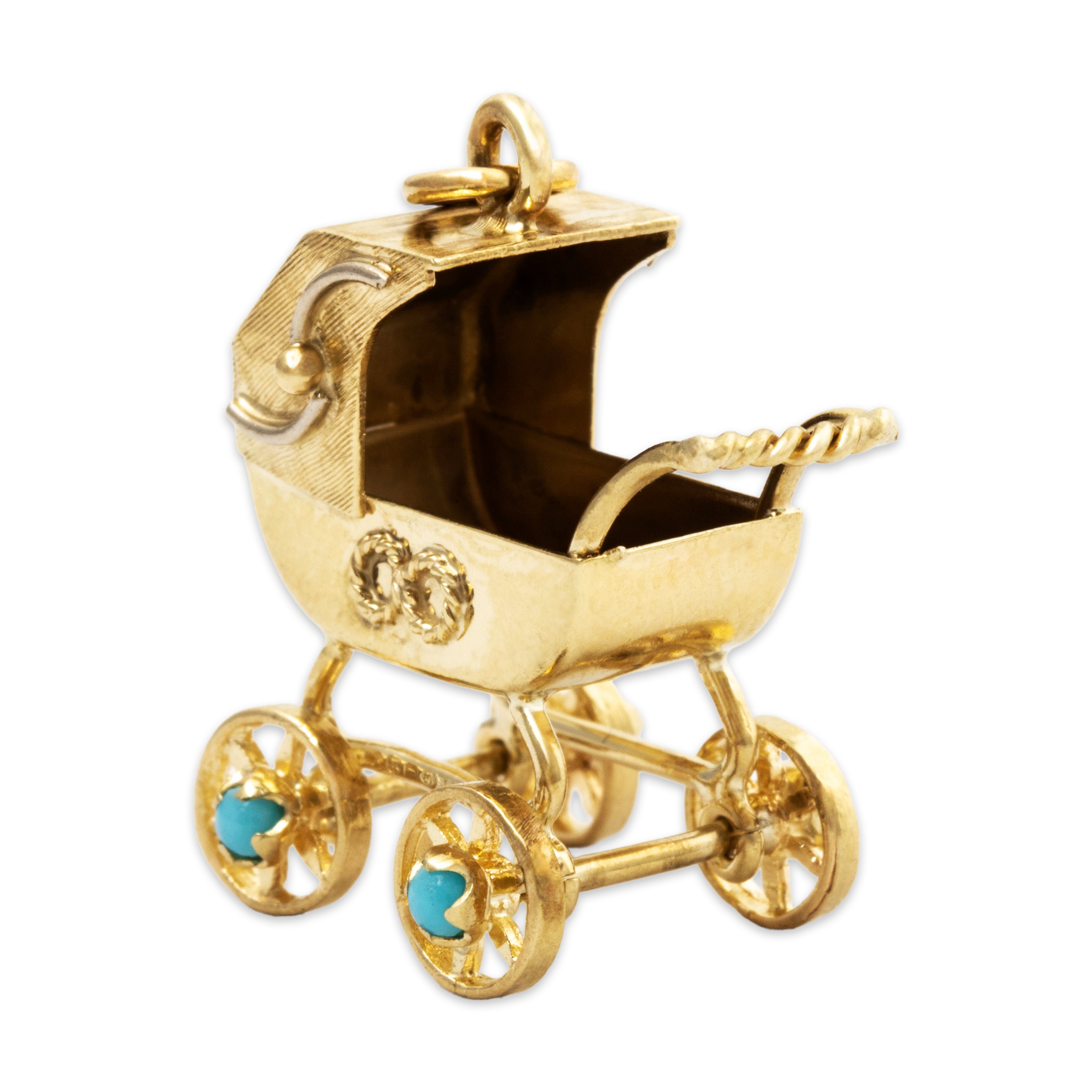 Vintage English 9k Yellow Gold Glass Cabochons Articulated Baby Carriage Charm、mySite、hinf8tx79