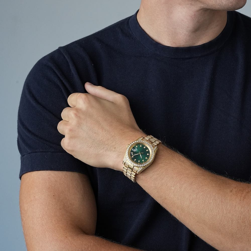 Moissanite Presidential Watch | Green Face | 41MM | 13.3CT Iced Out | 14K Yellow Gold、mySite、hinf8tx79