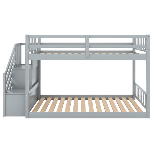 Twin over Twin Floor Bunk Bed, Ladder with Storage, Gray、、casual