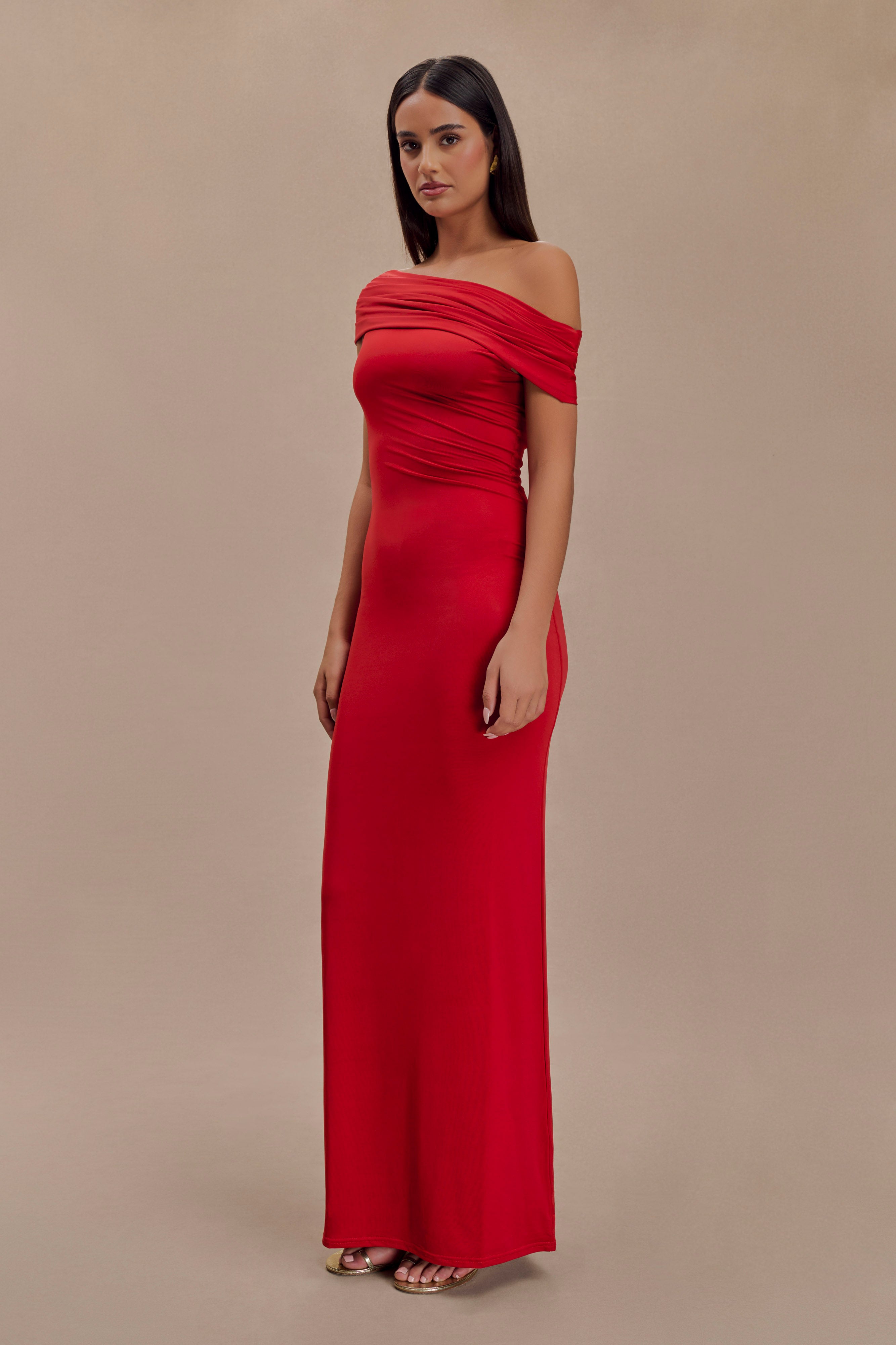 Cassandra Off Shoulder Slinky Maxi Dress - Red、mySite、solidvoid