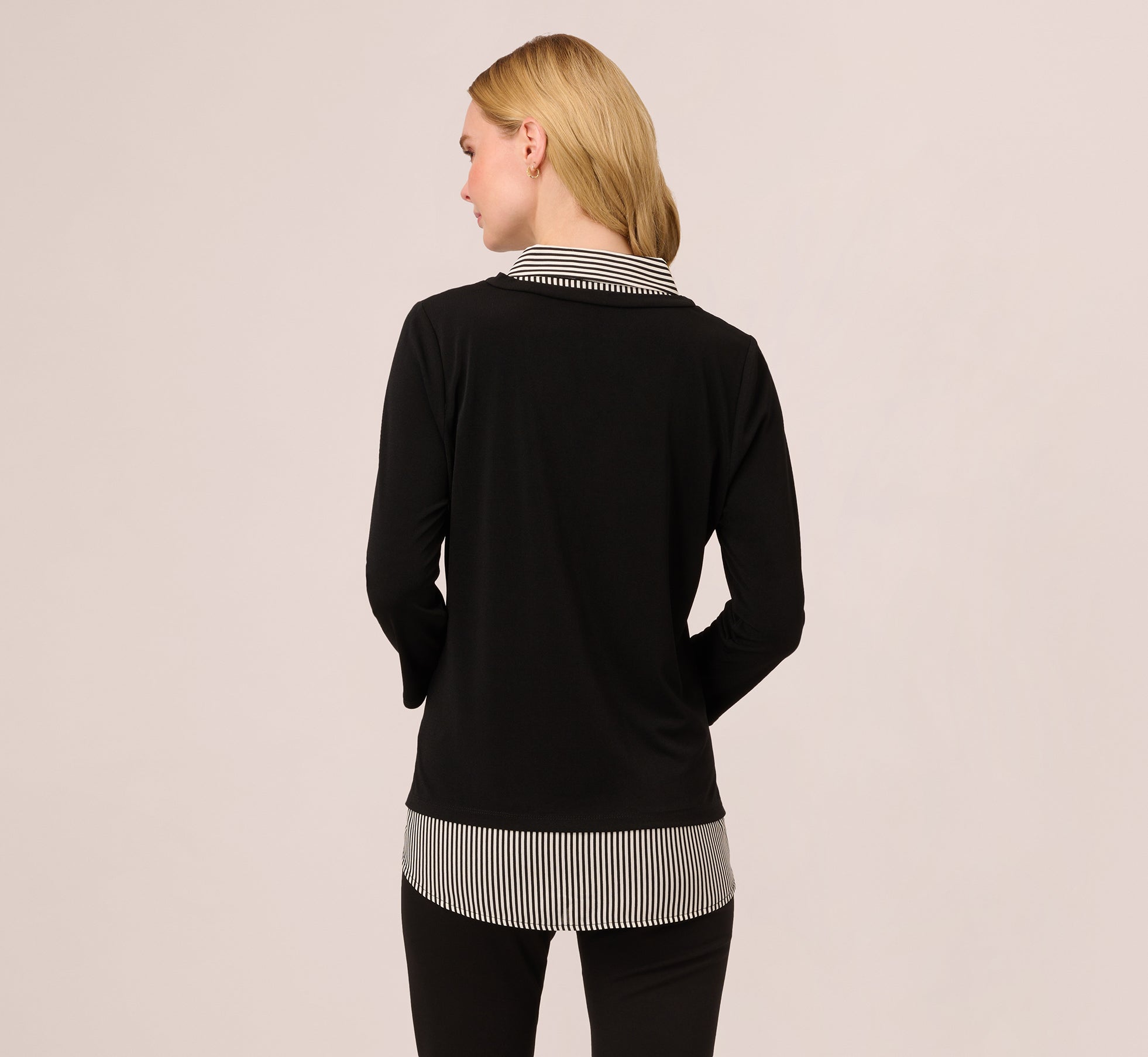 Three Quarter Sleeve Sweater With Button Down Accents In Blackw Black Ivorysmall Stripe、mySite、solidvoid