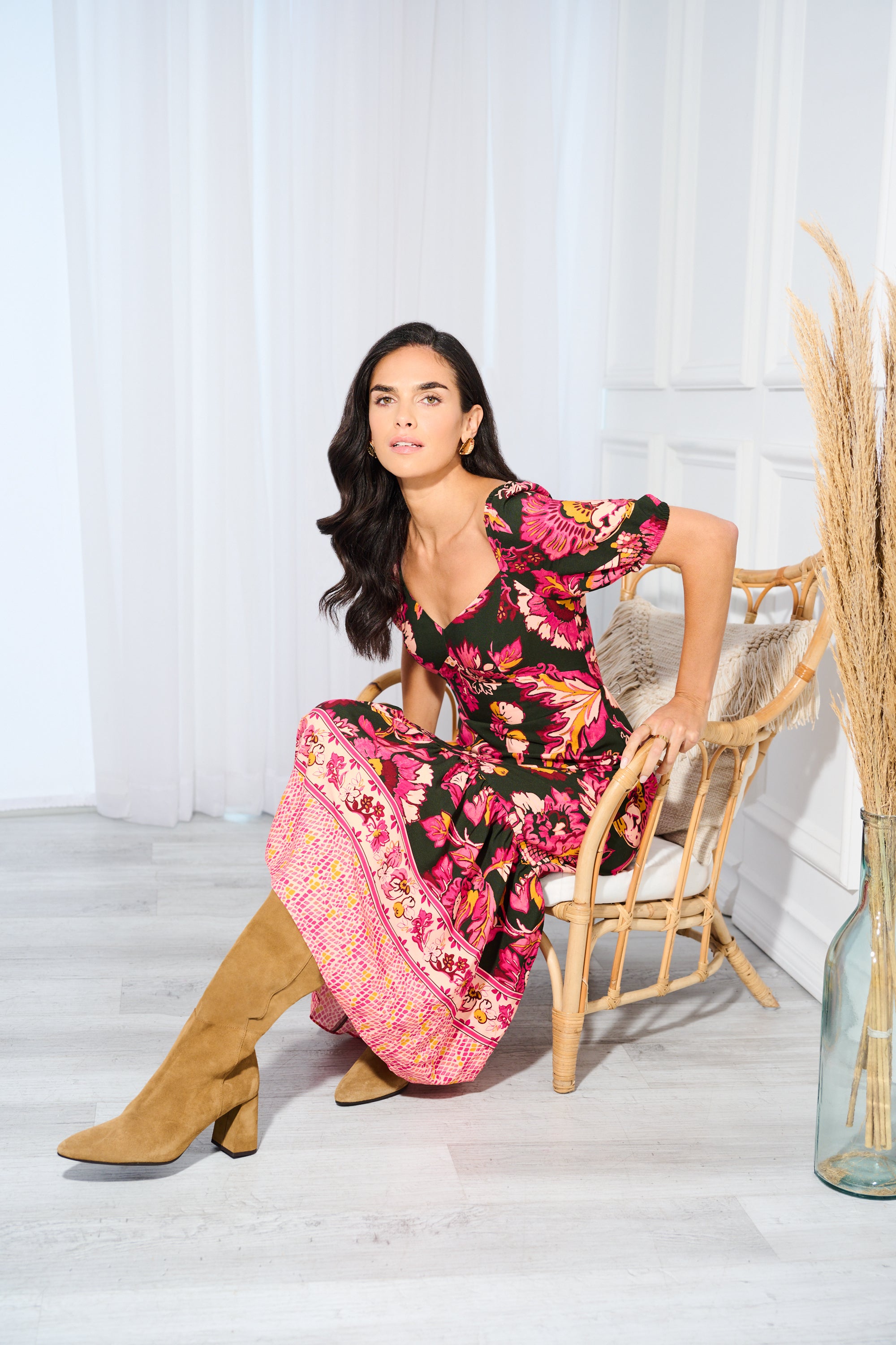 Floral Print Maxi Dress With Puff Sleeves In Hunter Multi、mySite、solidvoid