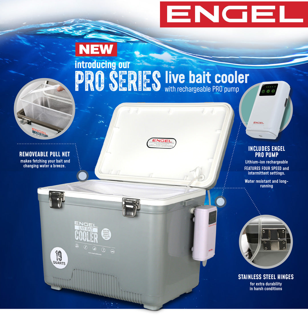 Engel 30Qt Live bait Pro Cooler with AP4 XL Rechargeable Aerator, Rod Holders & Stainless Hardware、mySite、noshort