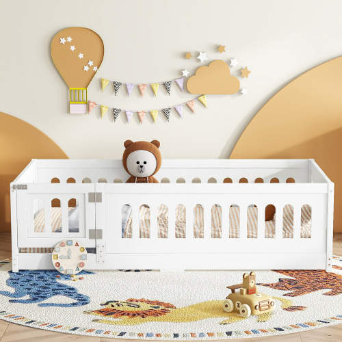 Twin Size Floor Bed with Heightened Safety Guardrails and Door, Solid Wood Bedframe with Rails for Girls, Boys, Teens, Child Bedroom, Kids Playroom, No Slats Included, White、、casual