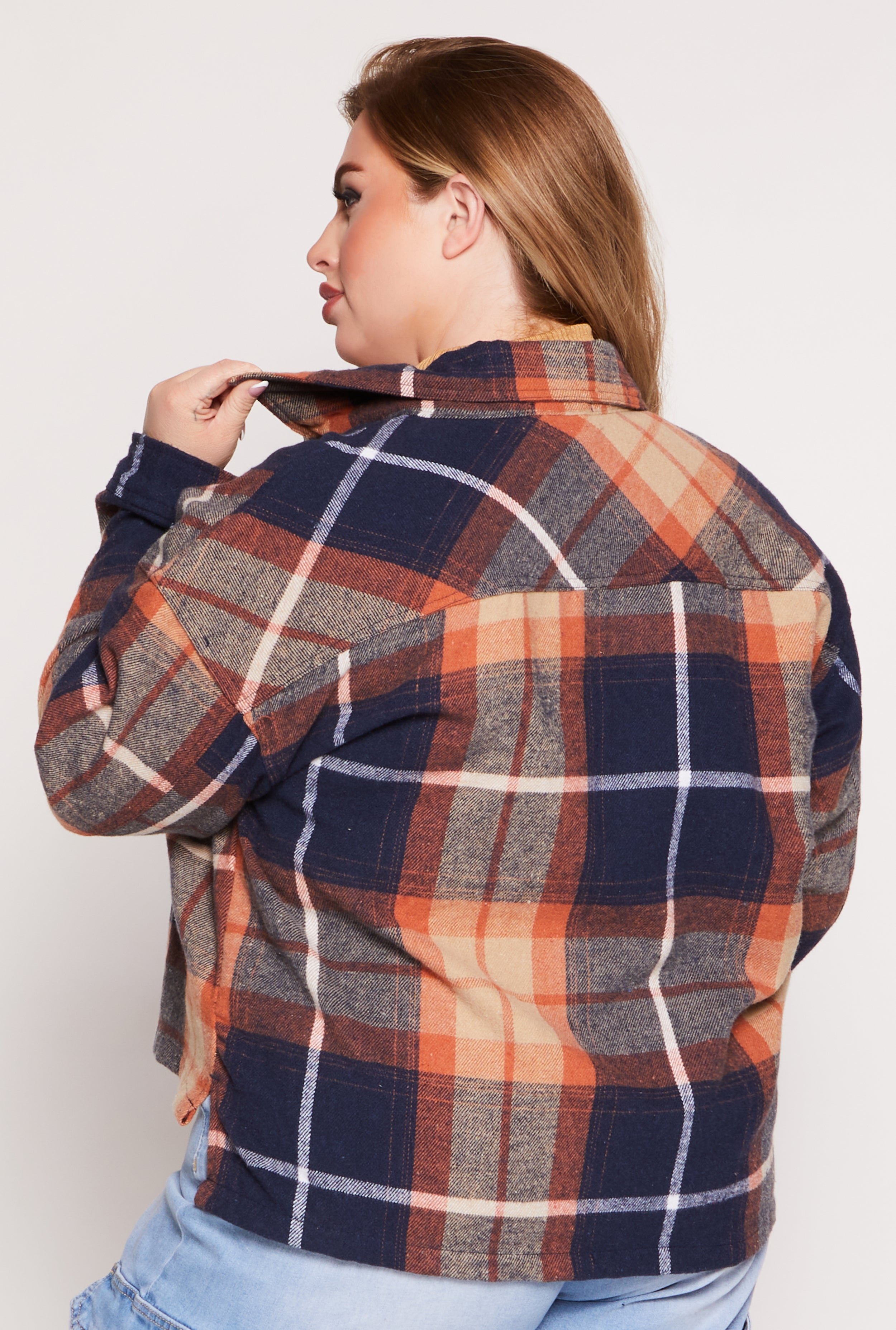 Plus Size Flannel Plaid Button Front Shacket、mySite、camillekostekn