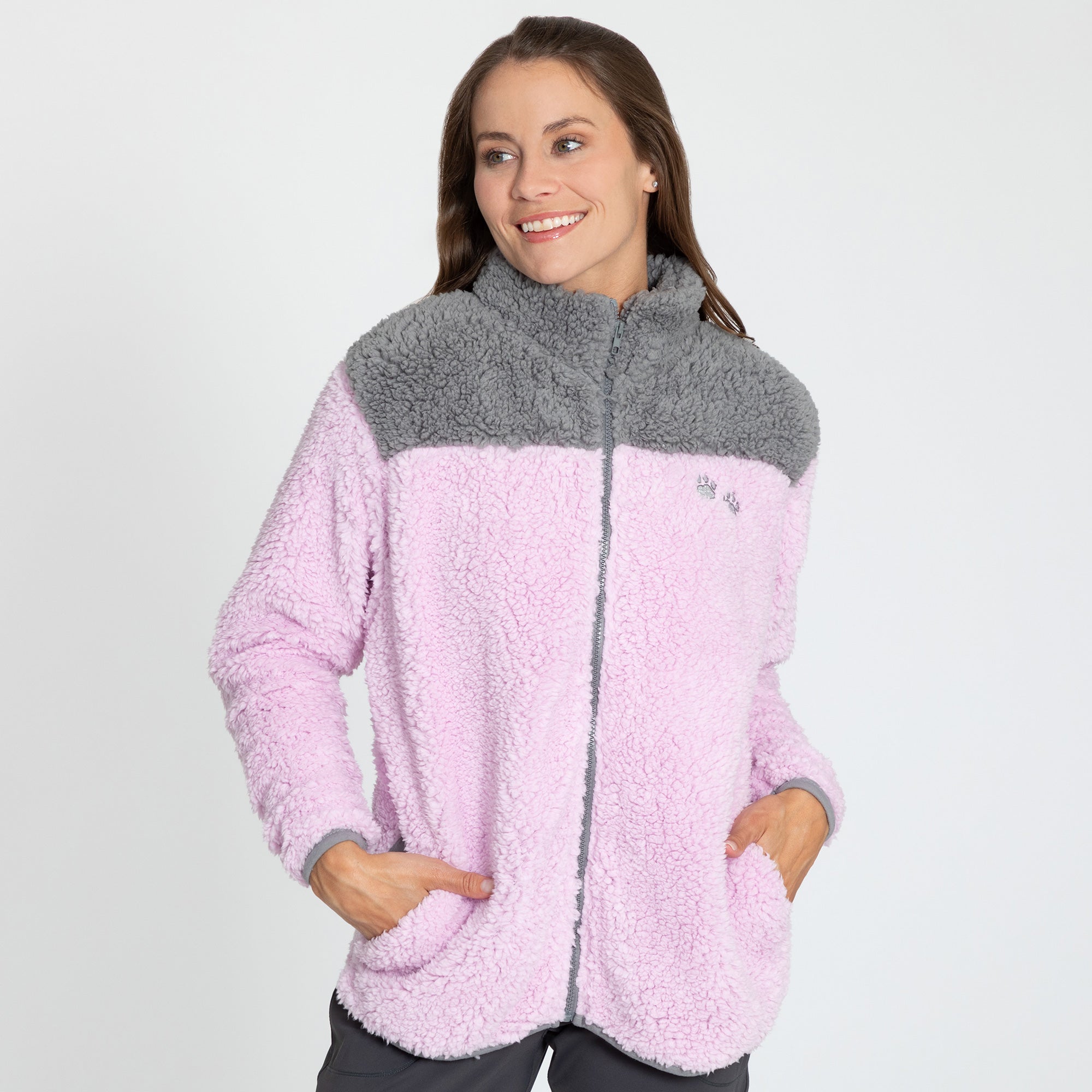Paw Print Two-Toned Plush Sherpa Fleece Zip Up Jacket、mySite、camillekostekn