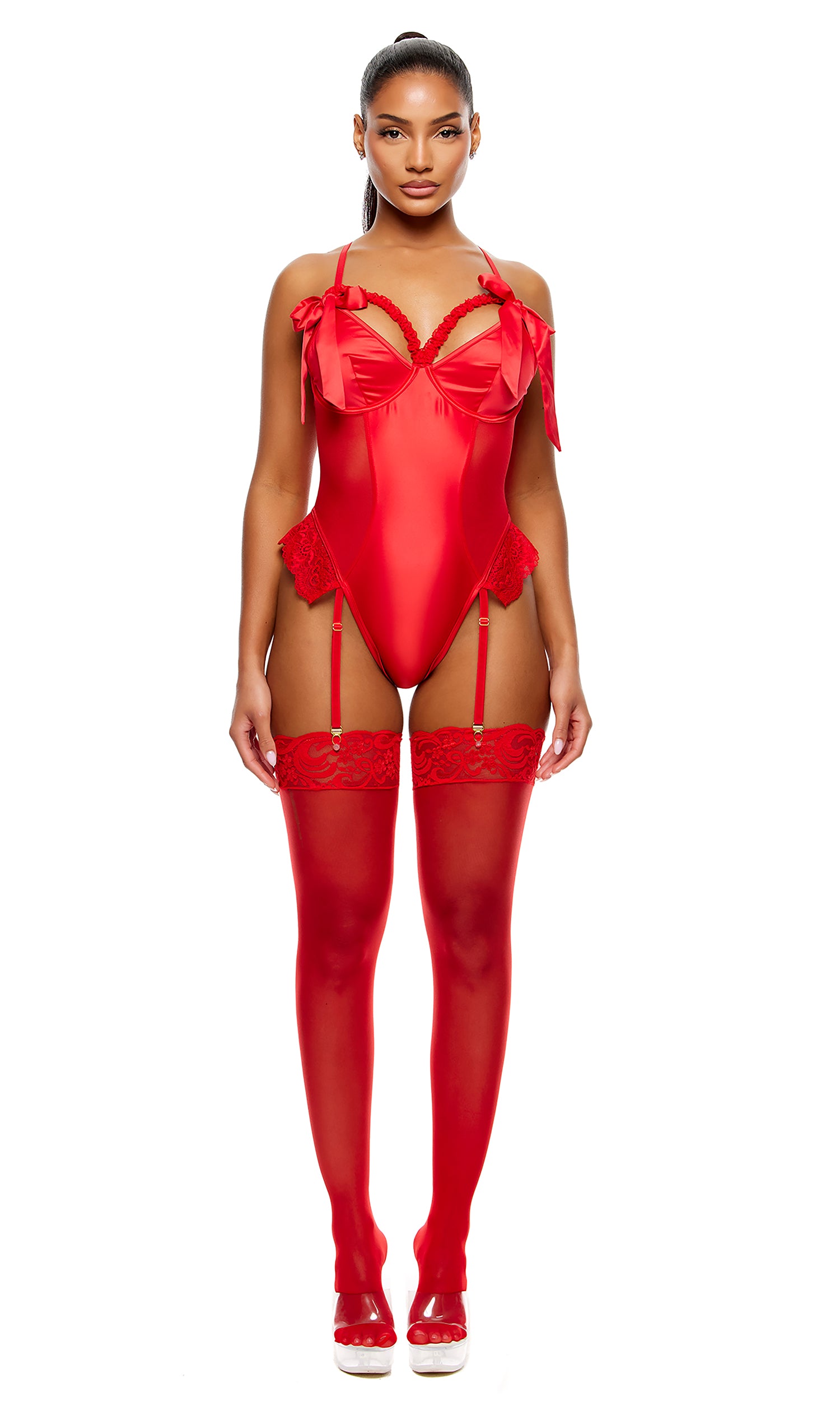 No Strings Attached Satin and Mesh Lace Trim Teddy Lingerie Set - Red、mySite、bengalsvssteelers