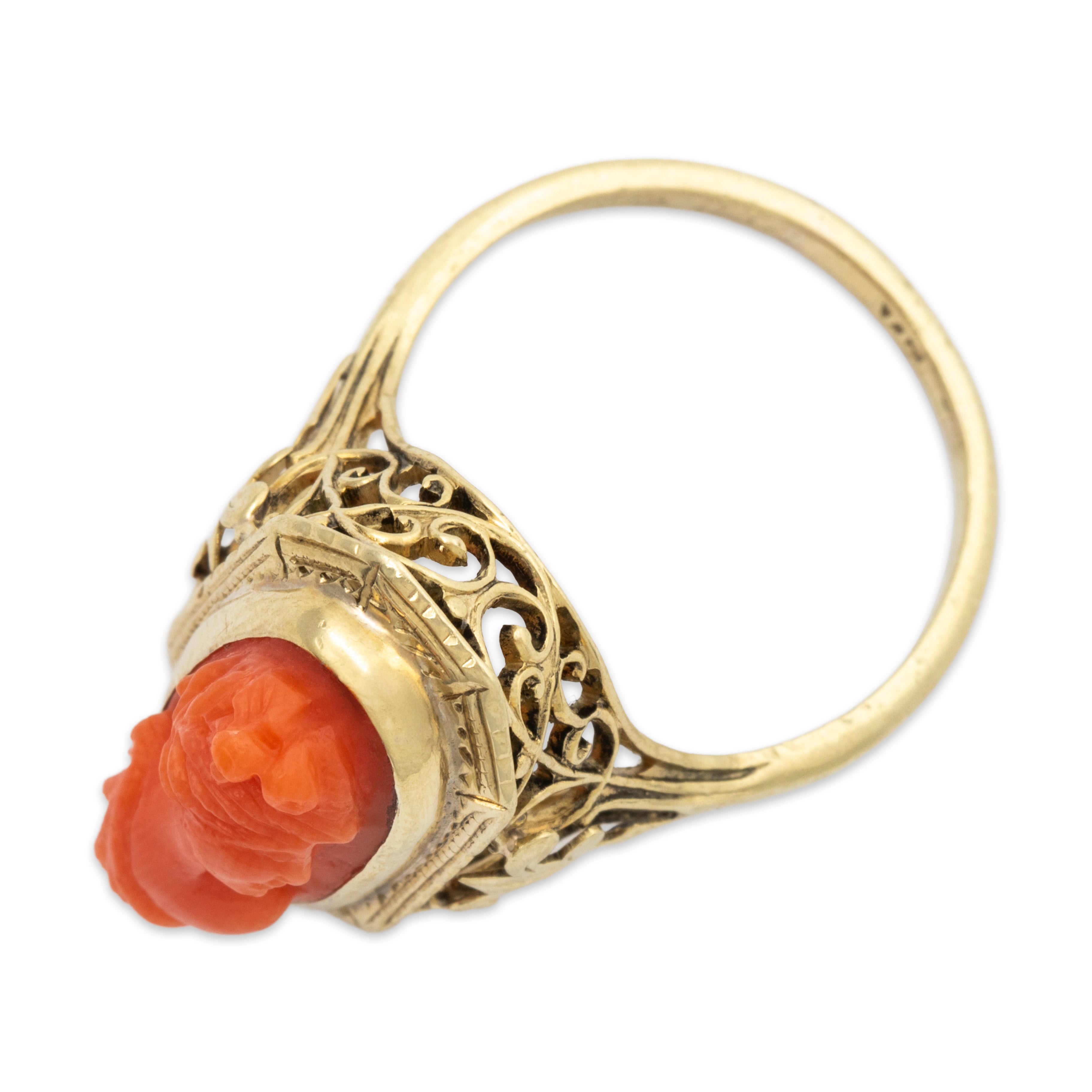 Antique 14k Yellow Gold 3.89ct Coral Openwork With Woman Cameo Ring 5.75、mySite、hinf8tx79