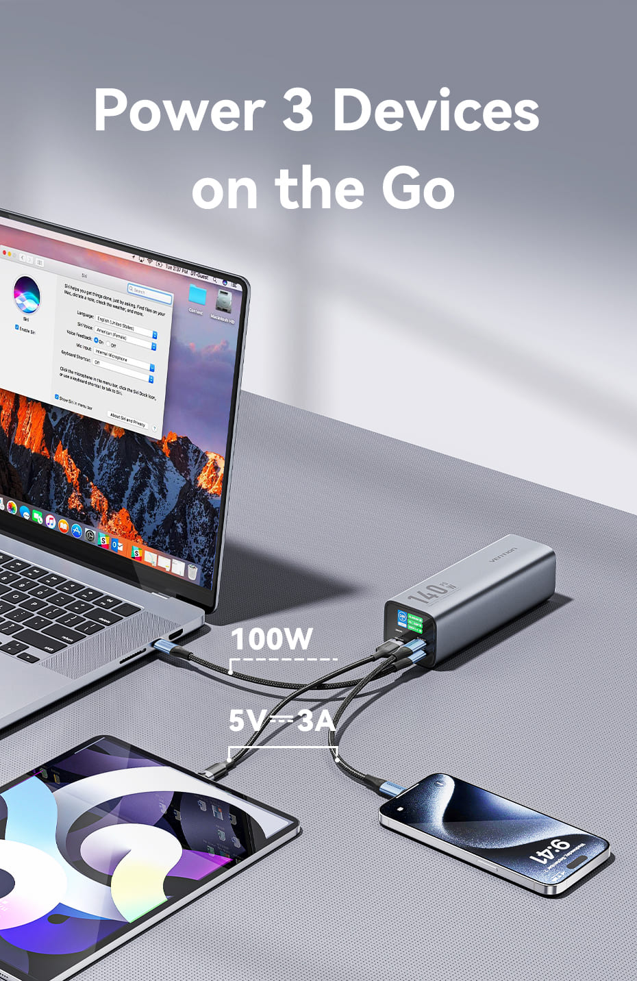 27000mAh Power Bank (USB-C + USB-C + USB-A + USB-A) 140W Gray LED Display Type
