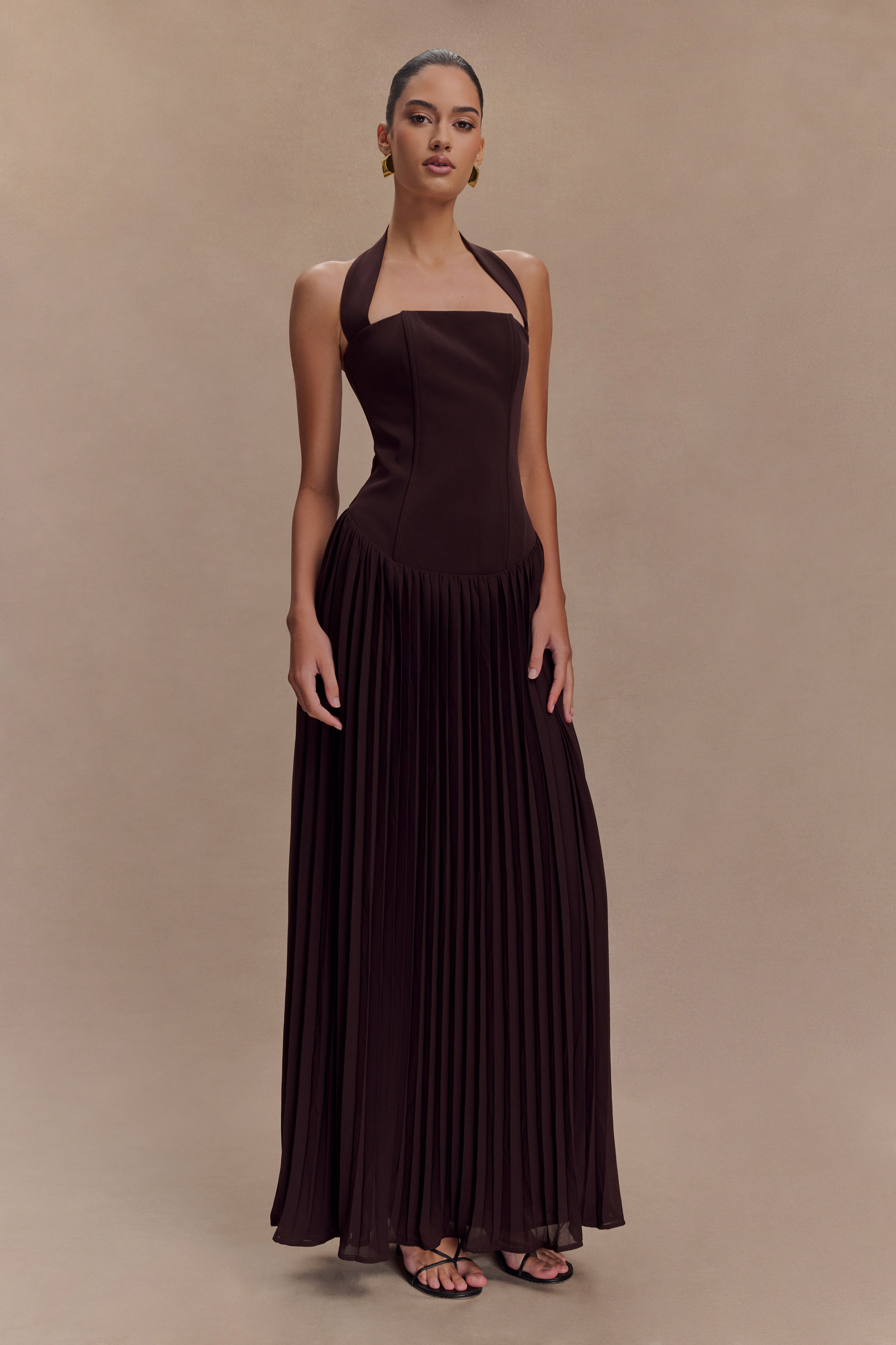 Stacie Pleated Halter Maxi Dress - Cacao、mySite、solidvoid