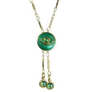 Michal Golan Brilliant Green and Gold Evil Eye Round Pendant Necklace with Round Drop Beads、mySite、topwebapps