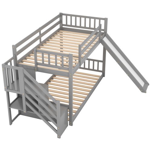 Twin over Twin Bunk Bed with Convertible Slide and Stairway, Gray、、casual