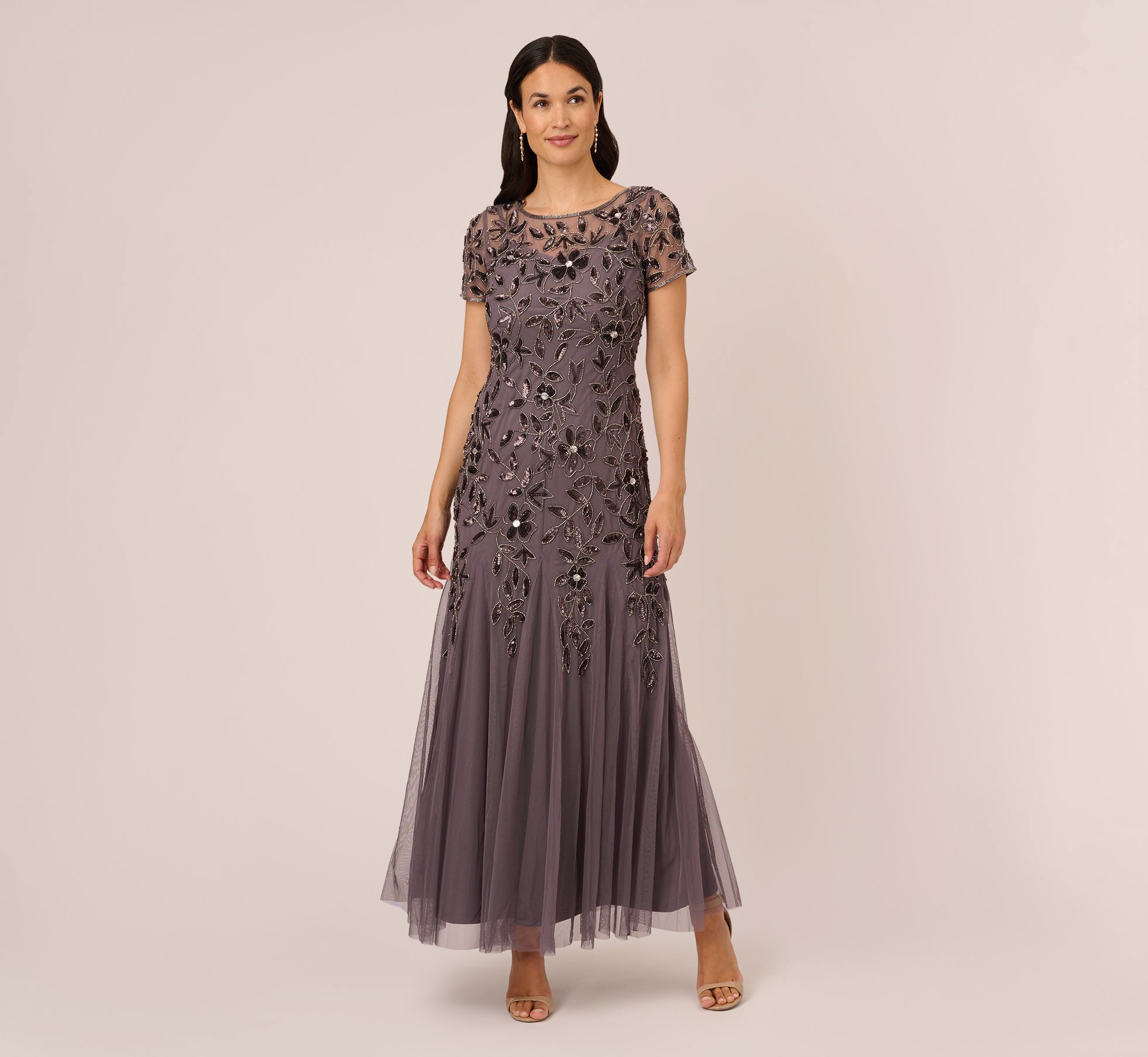 Hand Beaded Short Sleeve Floral Godet Gown In Moonscape、mySite、solidvoid