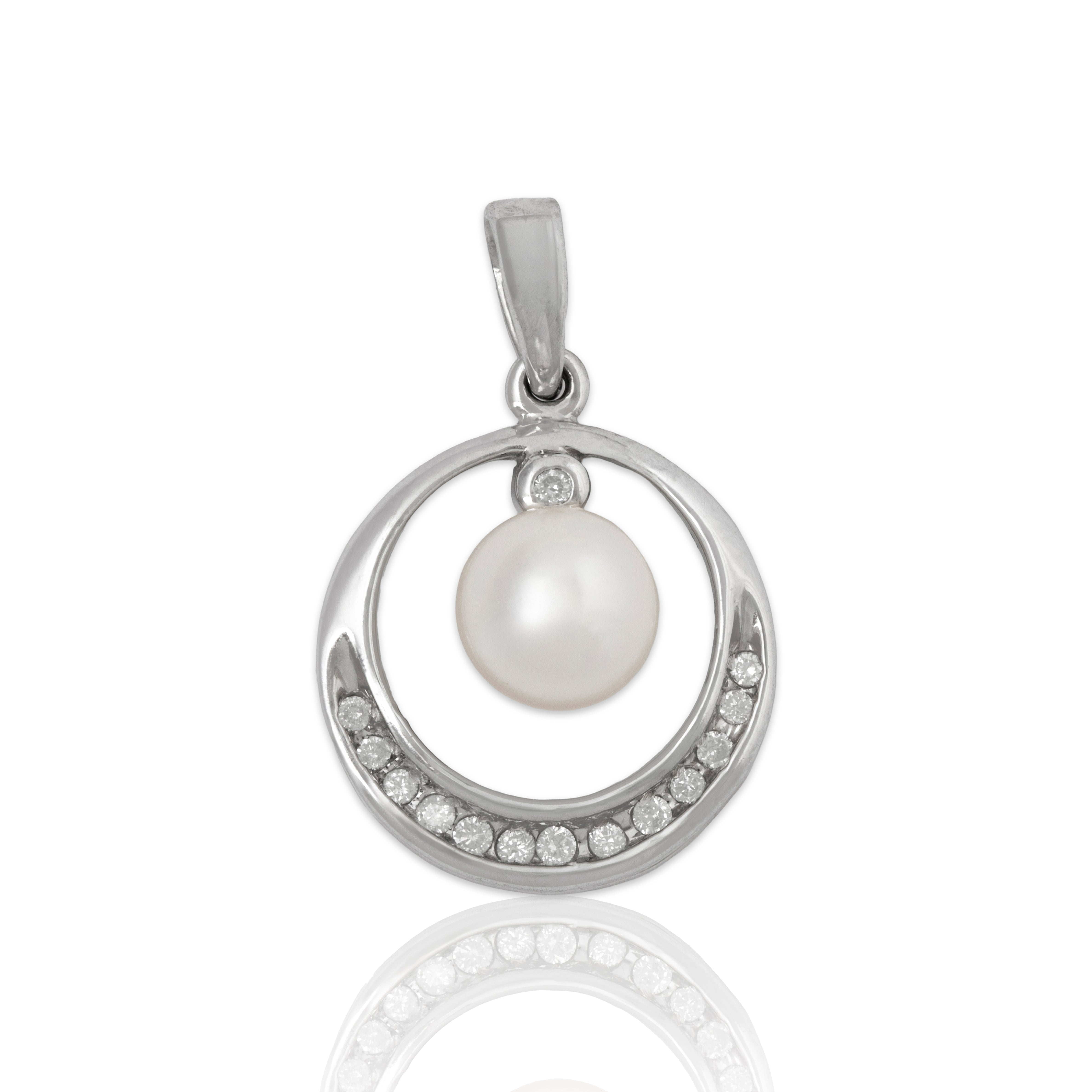 Vintage 10k White Gold Pearl Diamond Crescent Halo Pendant、mySite、hinf8tx79