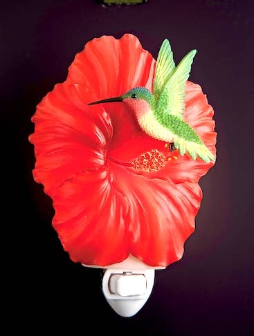 Ruby Red Hibiscus and Hummingbird Night Light-Handpainted by Ibis and Orchid、mySite、g9winljtr