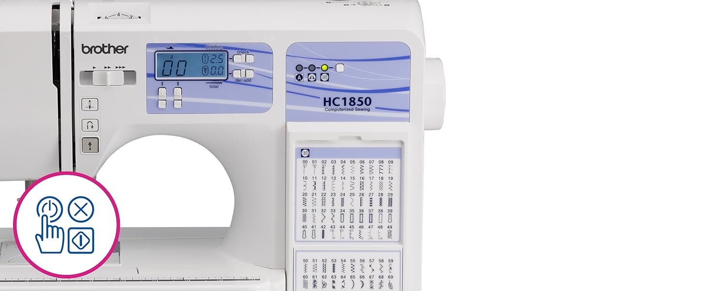 Close-up front image of HC1850 sewing machine with icon featuring power button