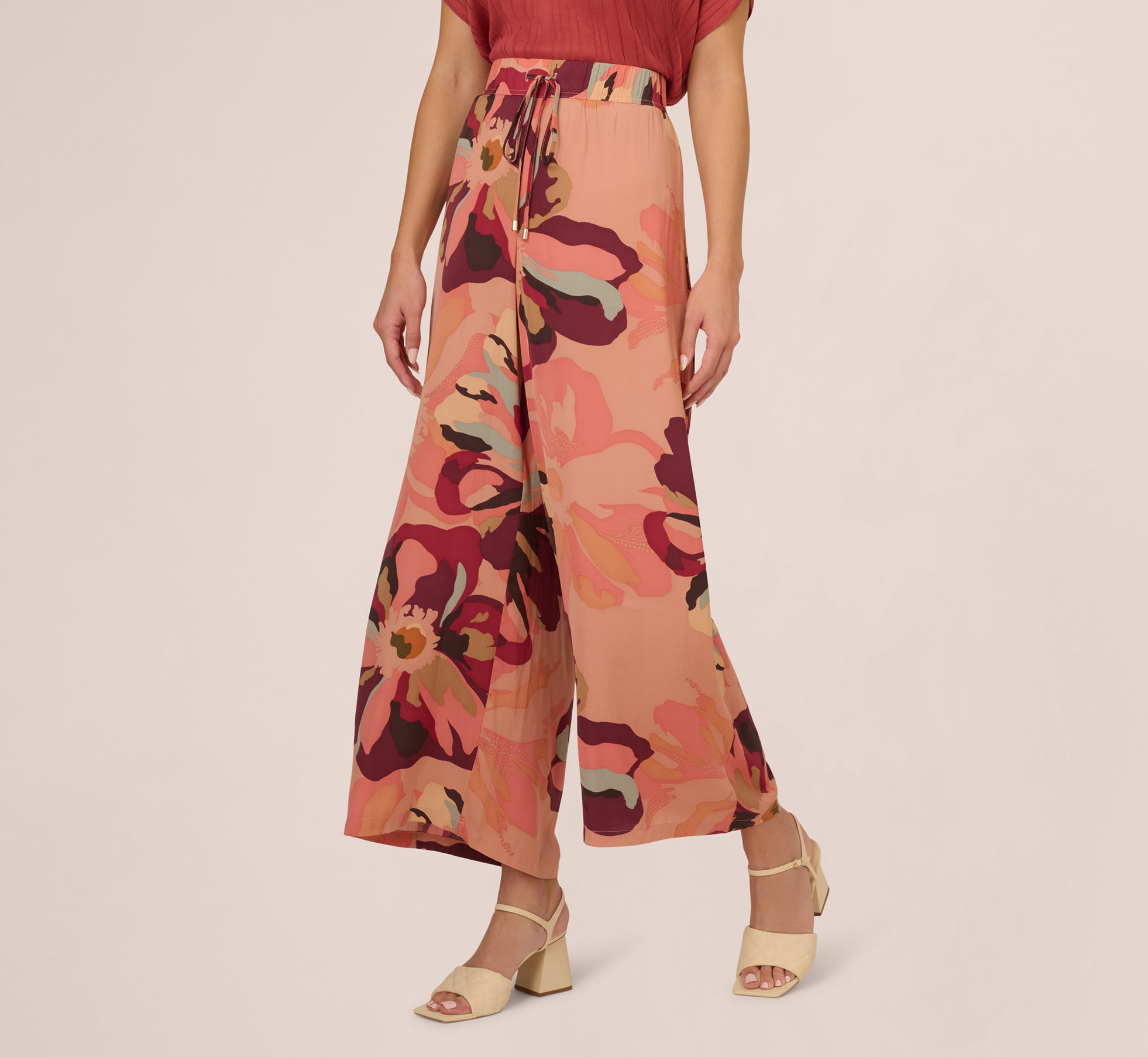 Tropical Floral Print Wide Leg Pants With Drawstring Waist In Deepburgundylargesunsetfloral、mySite、solidvoid