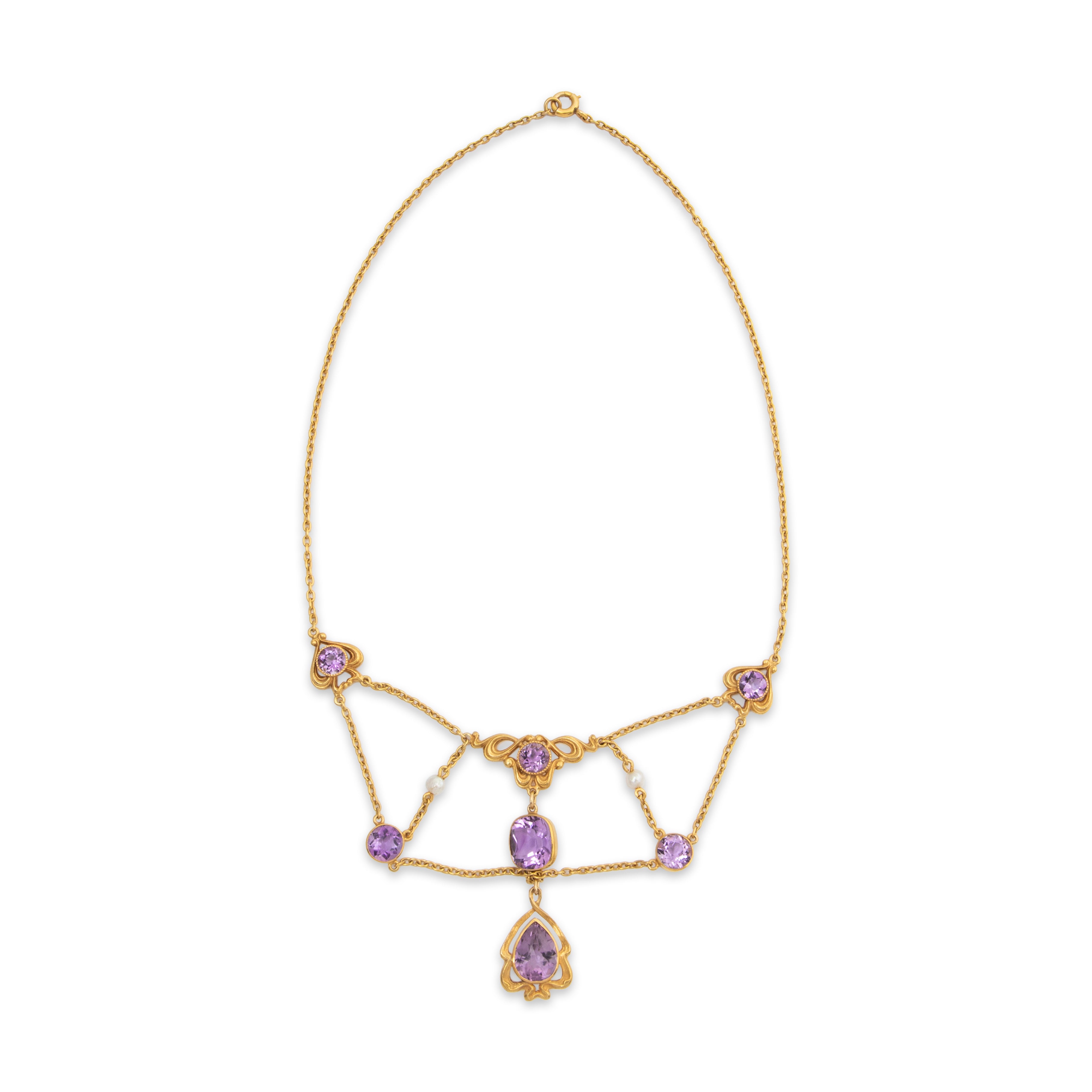 Antique Rare 14k Yellow Gold 9.57cttw Amethyst Pearl Festoon Necklace 16、mySite、hinf8tx79