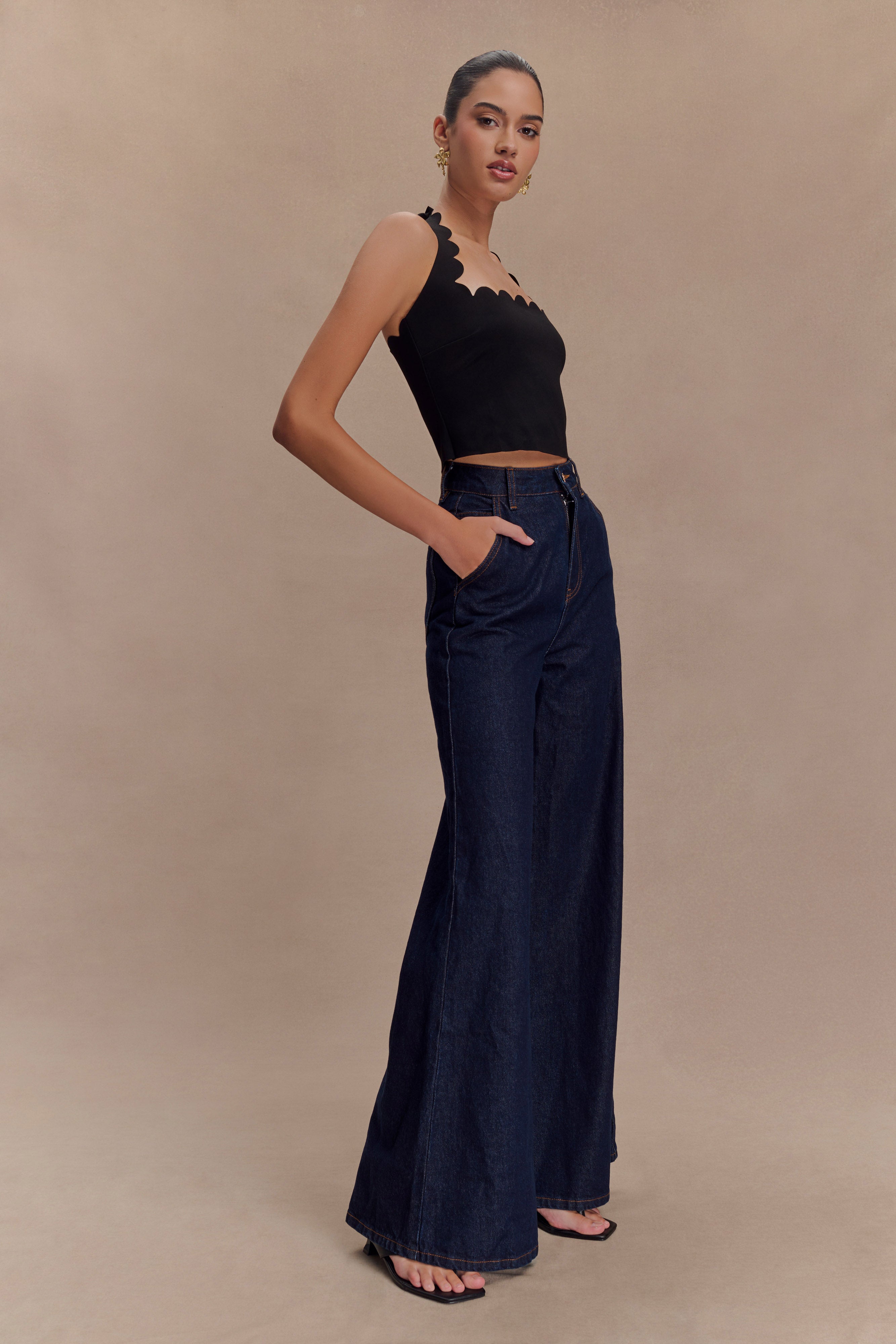 Jen Wide Leg Flare Denim Jeans - Indigo Blue、mySite、solidvoid