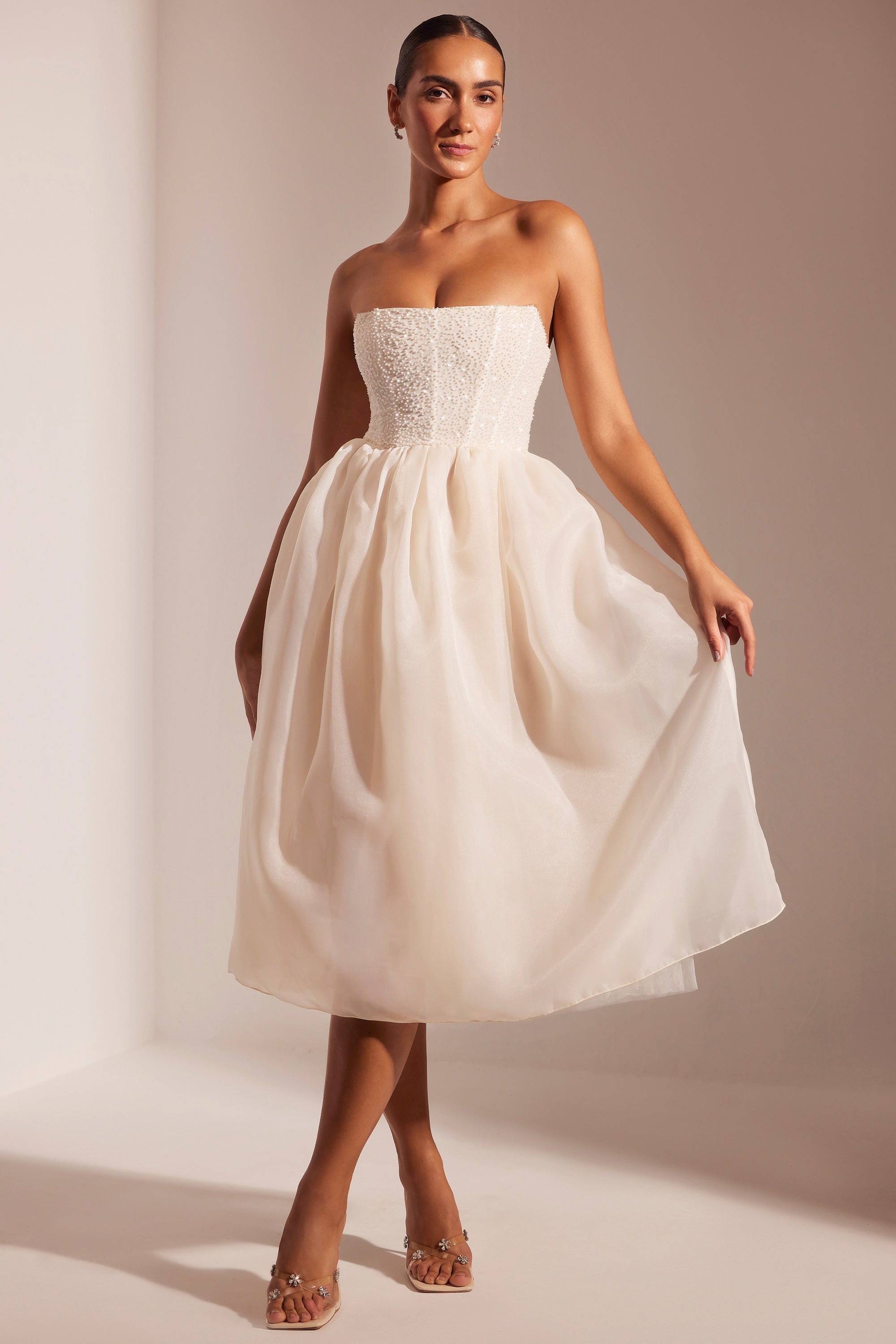 Embellished Corset Tulle Skirt Midi Dress in Ivory、mySite、solidvoid