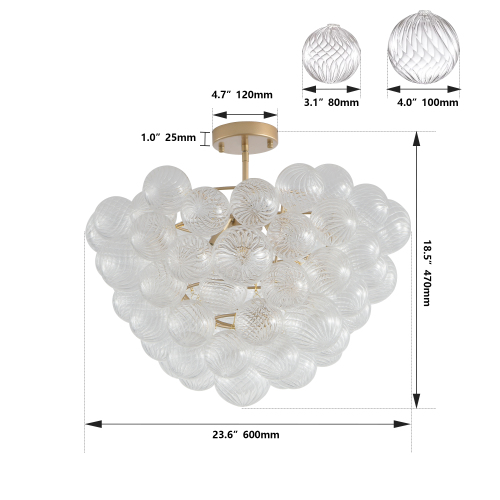 23.6-Inch Gold Pendant Light Chandelier with Threaded Clear Glass Globe Shade – Adjustable Height, Ideal for Living Room, Dining Room, Kitchen (No Bulbs)、、eastwooduniform