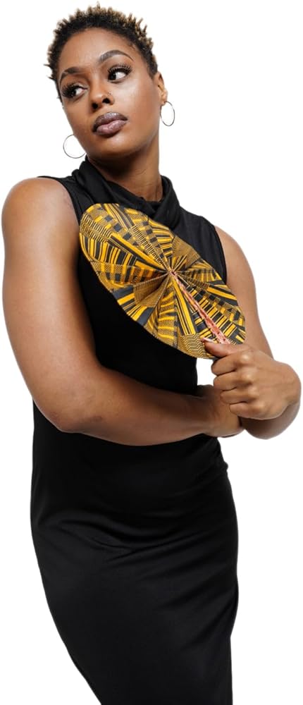 Kwasi Foldable Black and Gold African Print Ankara Kente Fan with Leather Handle DPPF4091、mySite、solidvoid