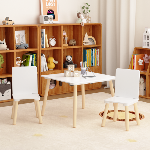 Kids Table and 2 Chairs Set, 3 Pieces Toddler Table and Chair Set, Wooden Activity Play Table Set (Lion&Monkey)、、casual