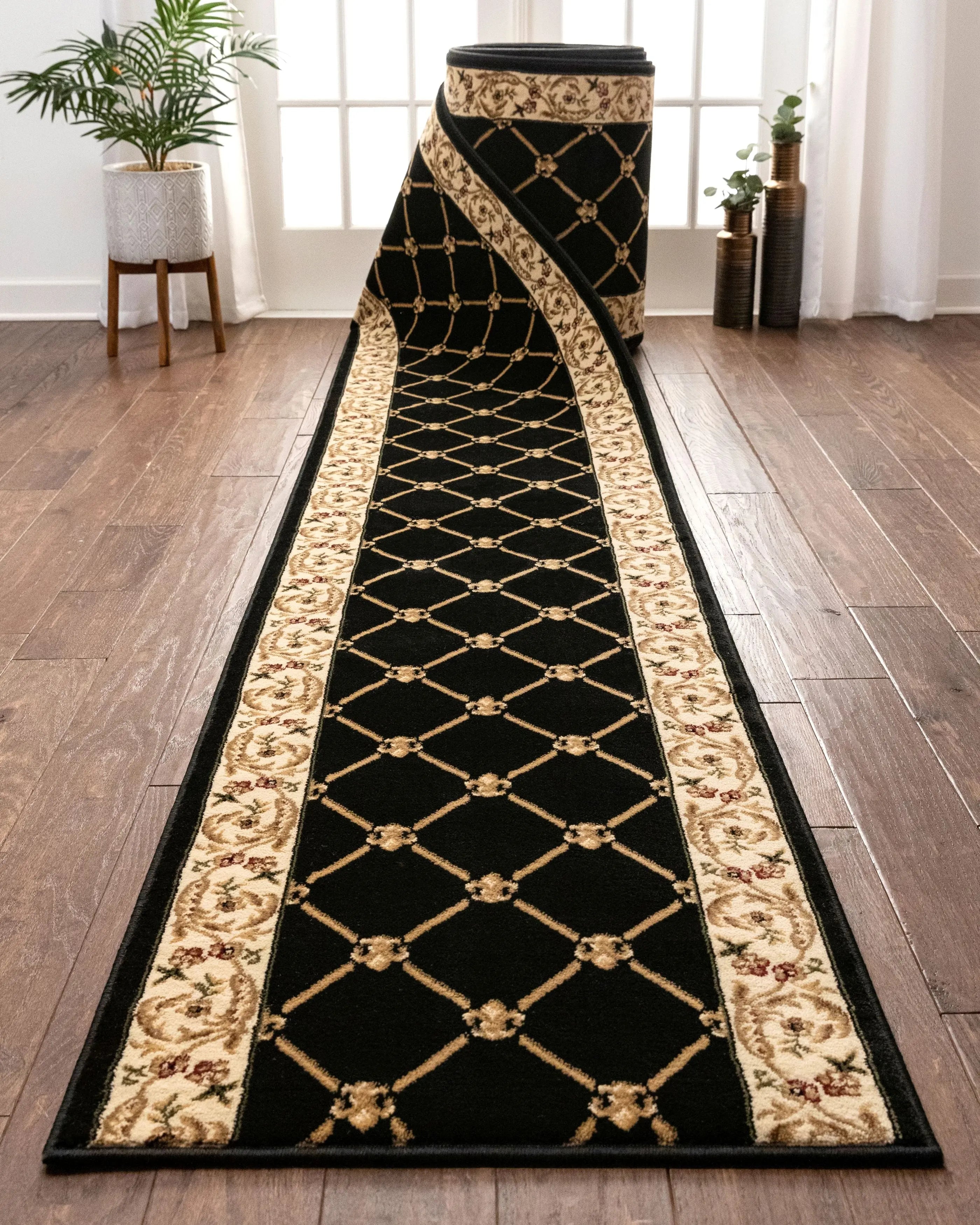 Fleur De Lis Custom Size Runner Formal Black Choose Your Width x Choose Your Length Hallway Runner Rug、mySite、gigharbornorthrealestate