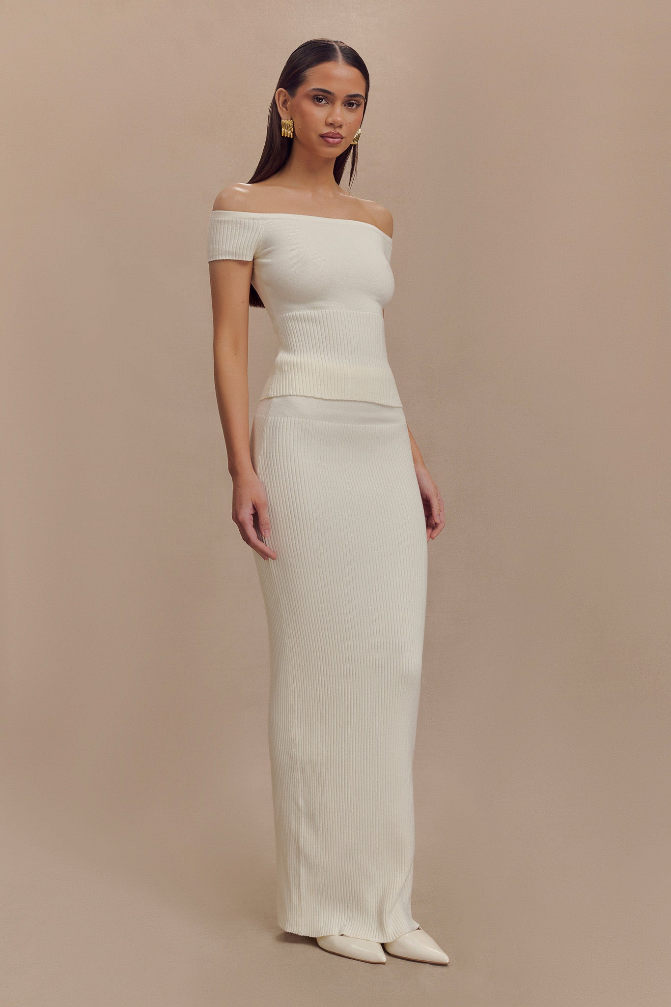 Mathilde Ribbed Knit Off Shoulder Top - Ivory、mySite、solidvoid