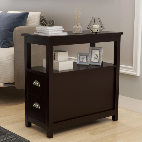 End Table Narrow Nightstand With Two Drawers And Open Shelf-Brown、、casual