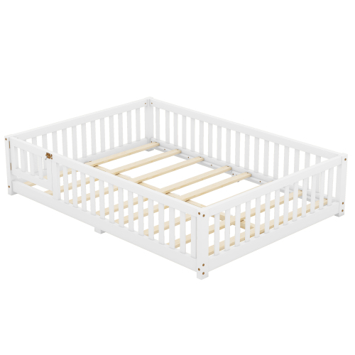Twin Size Bed Floor Bed with Safety Guardrails and Door for Kids, Natural(Old SKU: W158090686)、、casual