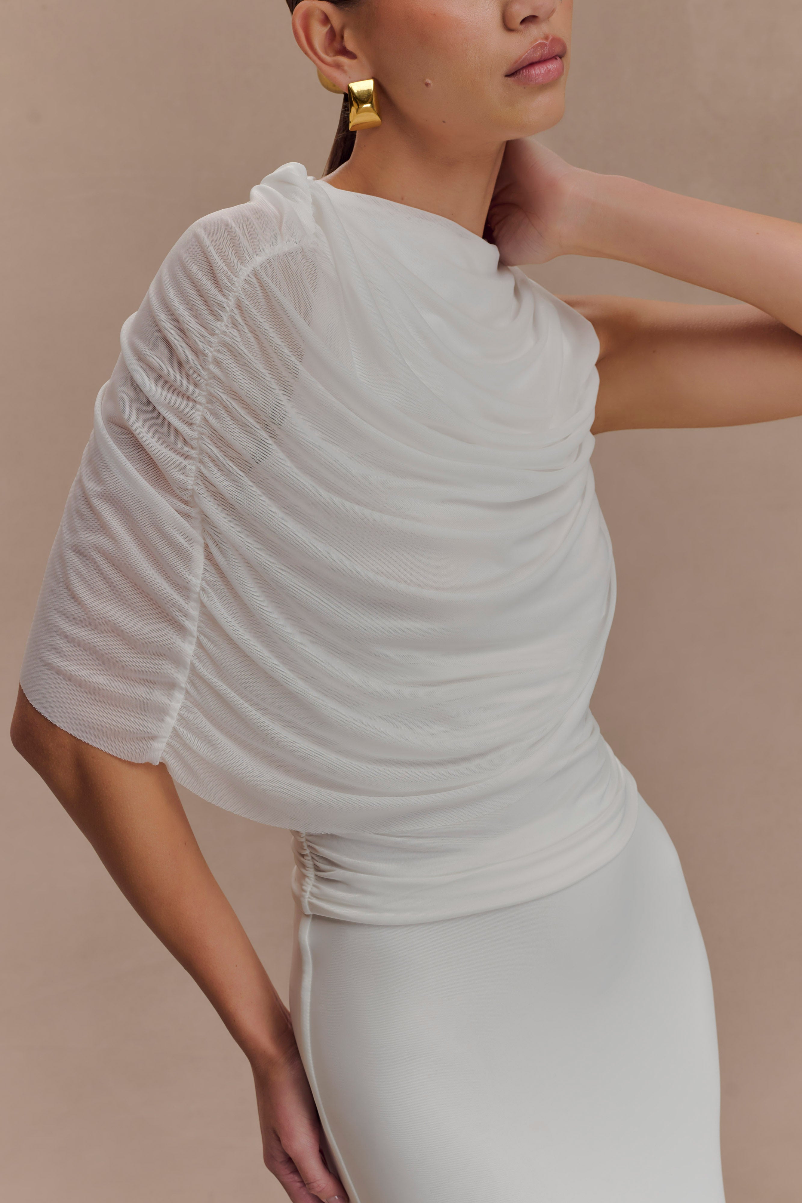 Pruedance Slinky Draped Top With Mesh Overlay - White、mySite、solidvoid
