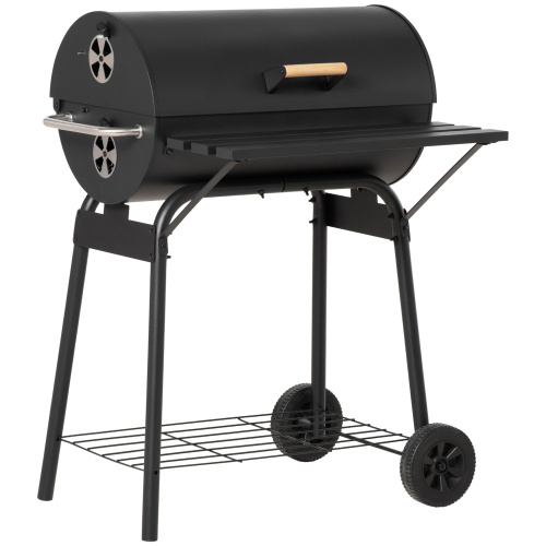 Outsunny 30" Portable Barrel Charcoal BBQ Grill, Steel Outdoor Barbecue Smoker with Storage Shelf, Wheels for Garden Camping Picnic, Black、、eastwooduniform