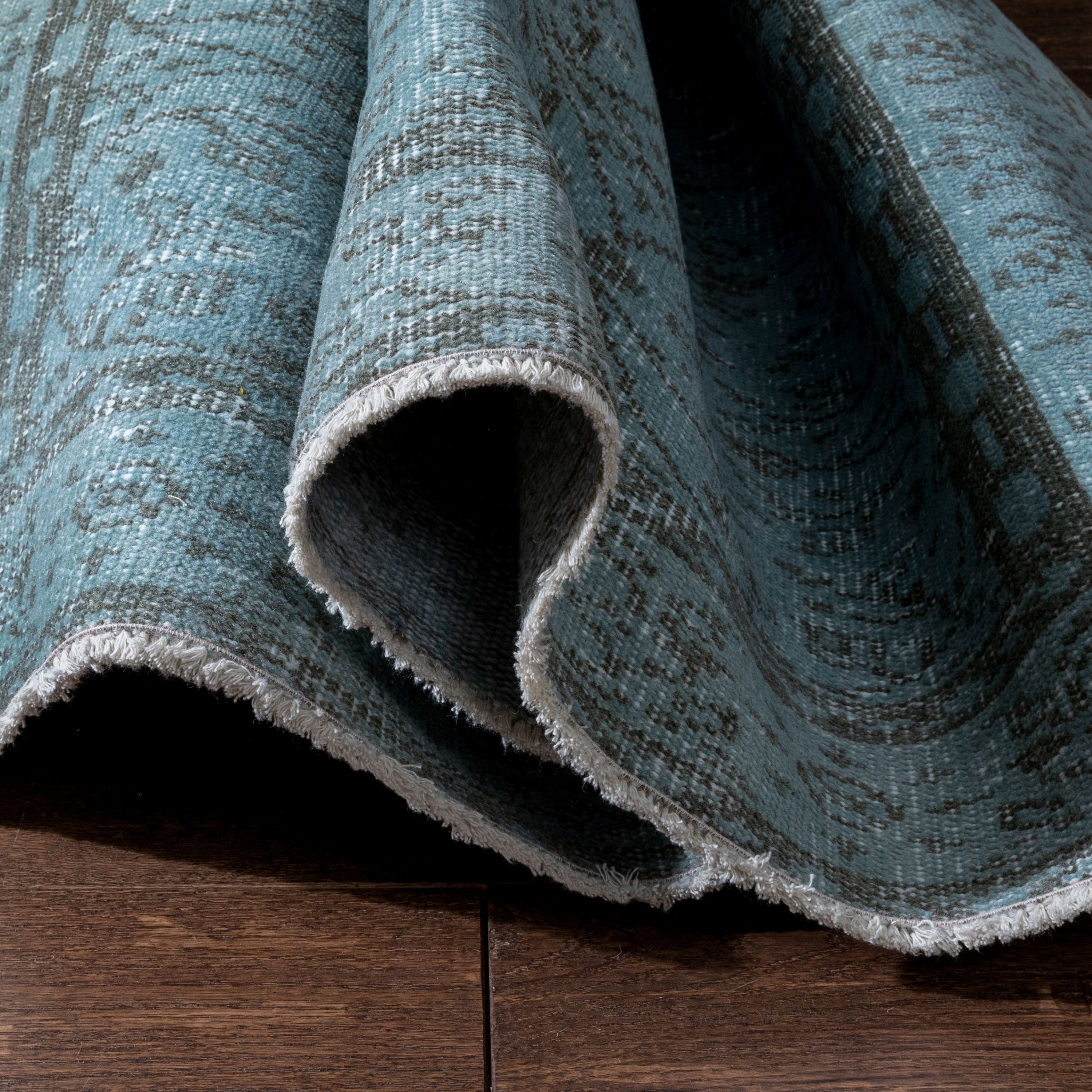 Ardin Light Blue Overdyed Floral Botanical Border Pattern One-of-a-Kind Handmade Wool Area Rug 5'6 x 9'、mySite、gigharbornorthrealestate