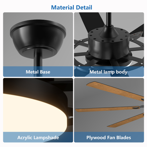 52 Inch Ceiling Fan with Lights and Remote Control, 8 Plywood Blades, 6-Speed Noiseless Reversible DC Motor, 3CCT, Windmill Ceiling fan for Kitchen Bedroom Living Room, Black、、eastwooduniform