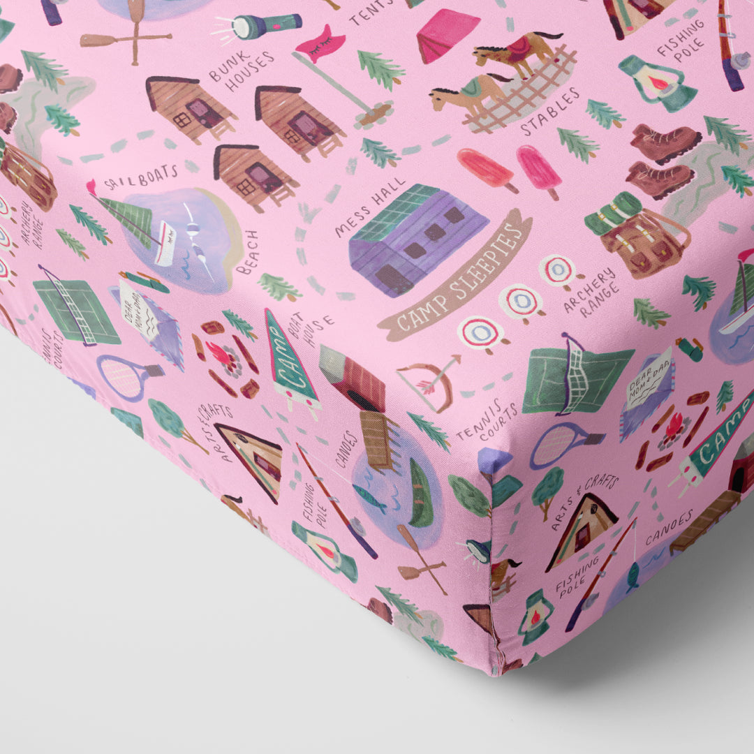 Pink Camp Sleepies Fitted Crib Sheet、mySite、g9winljtr