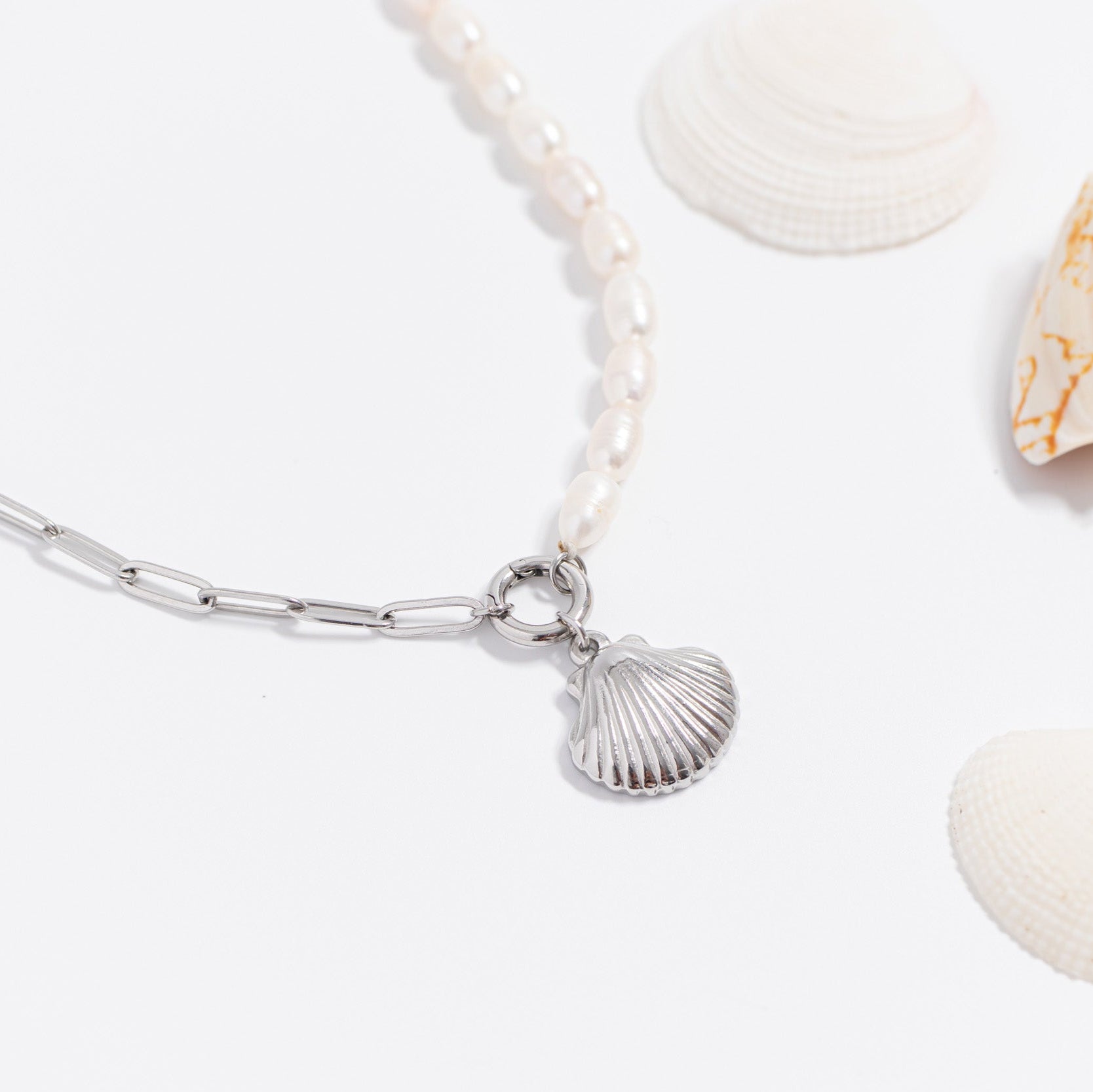 Stainless Steel Freshwater Pearl Paperclip Split Charm Holder Necklace / CHN0103、mySite、dreamappss