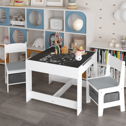 Kids Table and Chair Set, 3 in 1 Wooden Activity Table with Storage Drawer for Toddlers Drawing, Reading, Crafts, 2 in 1 Detachable Tabletop Table Set for Nursery, Playroom、、casual