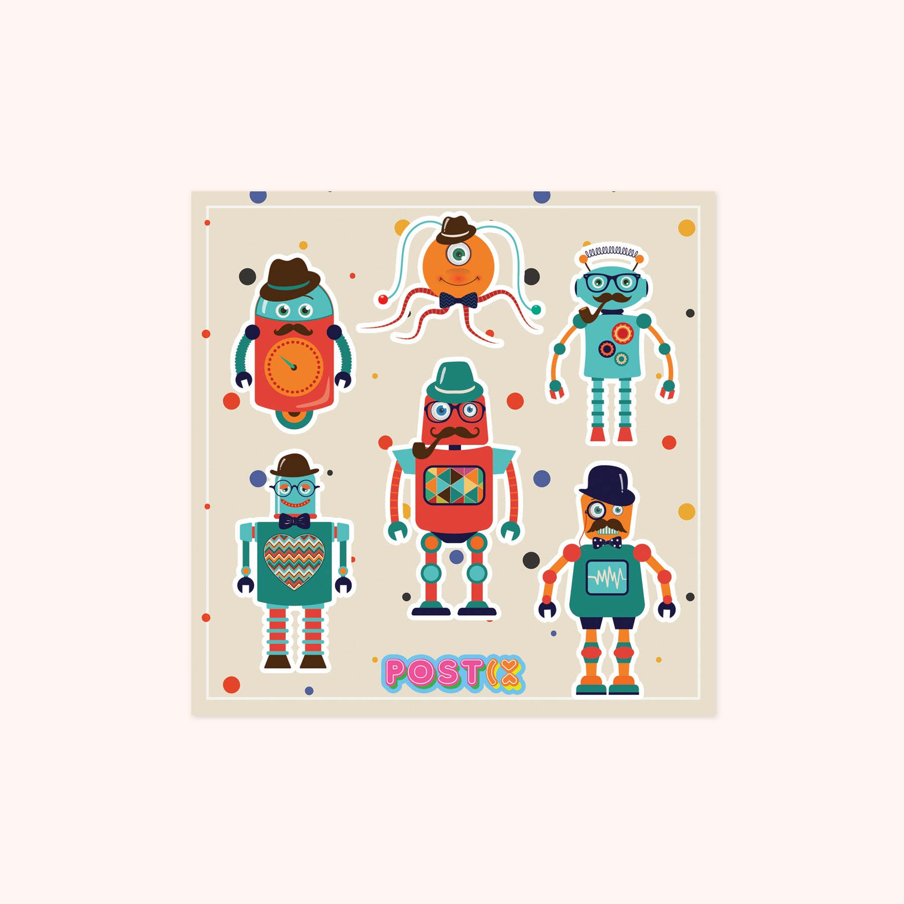  Fun Retro Robot Square Sticker Sheet、mySite、ghnorth