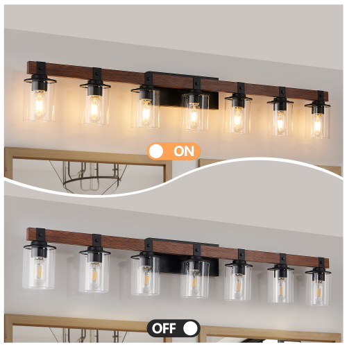 50" Rustic 7-Light Vanity Light, Industrial Bathroom Wall Sconce with Glass Shades and Wood Accent, Modern Farmhouse Lighting Fixture (No Bulbs)、、eastwooduniform
