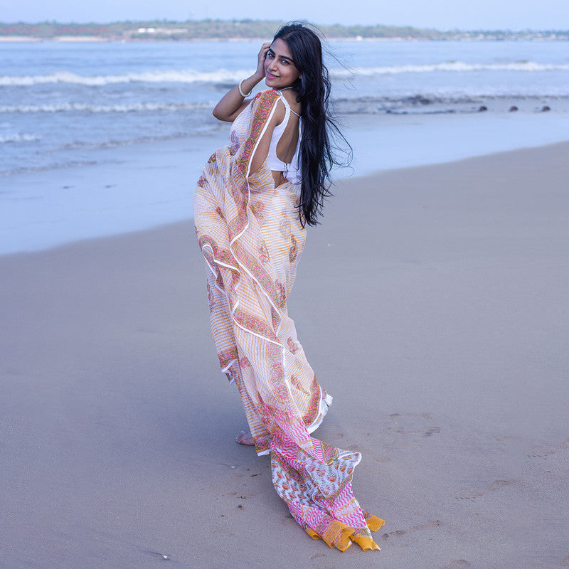 Kota Handblock Printed Saree | Mogra | White & Orange、mySite、camillekostekn