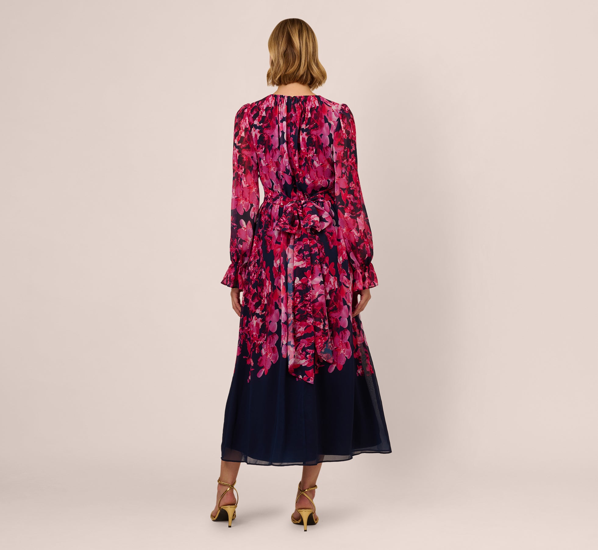 Floral Wrap Waist Ankle Dress In Navy Pink Multi、mySite、solidvoid