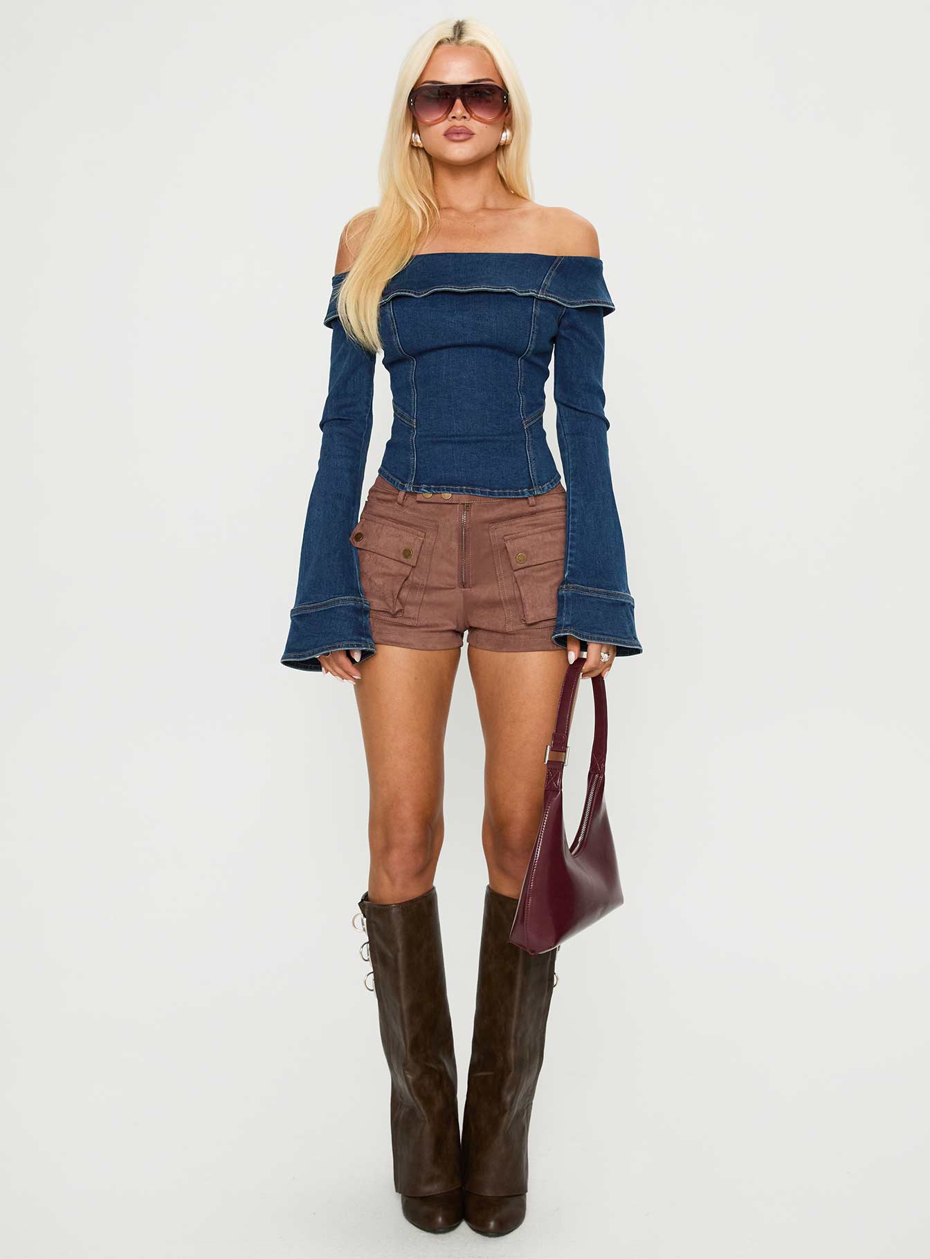 In The Crowd Off Shoulder Top Dark Denim、mySite、solidvoid