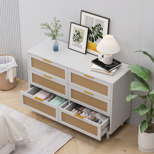 51.18"6-Drawers Rattan Storage Cabinet Rattan Drawer,for Bedroom,Living Room,Natural (Same SKU:W757P198980)、、casual